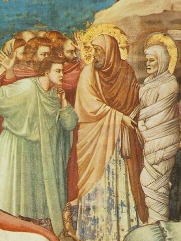 Die Szene "Jesus und Lazarus", gemalt von Giotto. Bildausschnitt, Wikipedia