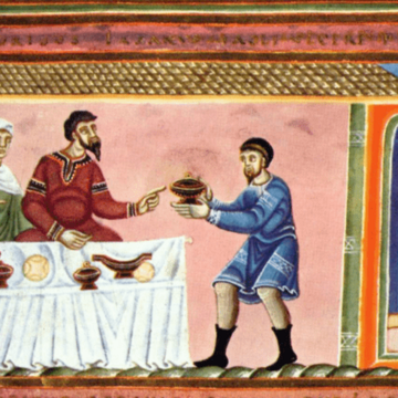 Bild: Lazarus und der Prasser. Meister Codex Aureus Epternacensis. The Yorck Project 2002, Wikipedia,
